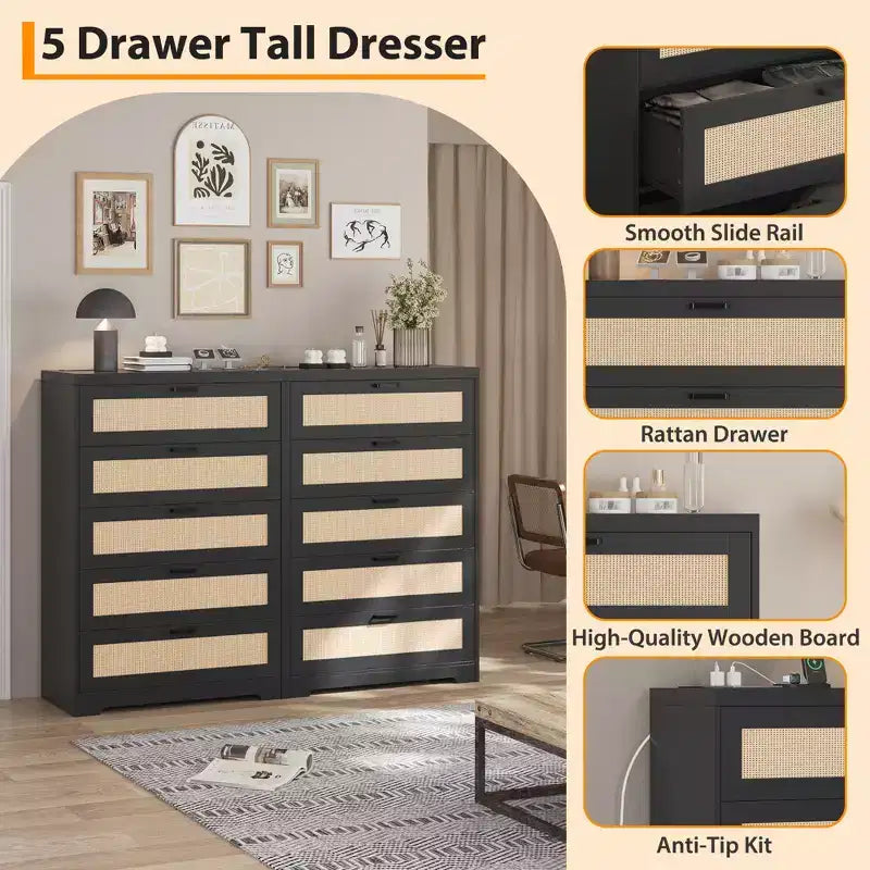 COZONY Tall 5-Drawer Rattan Dresser, Wooden Storage Chest with Wide Top for Bedroom Living Room Entryway