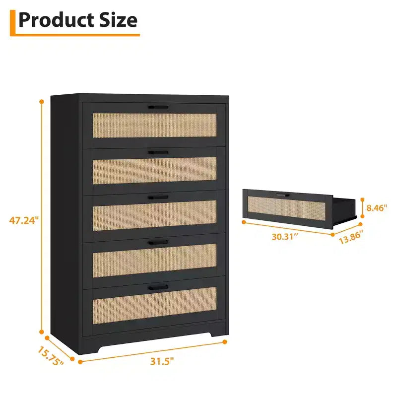 COZONY Tall 5-Drawer Rattan Dresser, Wooden Storage Chest with Wide Top for Bedroom Living Room Entryway