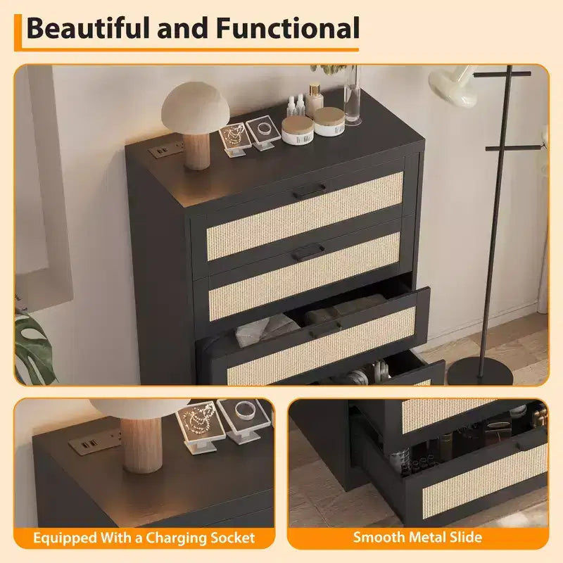 COZONY Tall 5-Drawer Rattan Dresser, Wooden Storage Chest with Wide Top for Bedroom Living Room Entryway