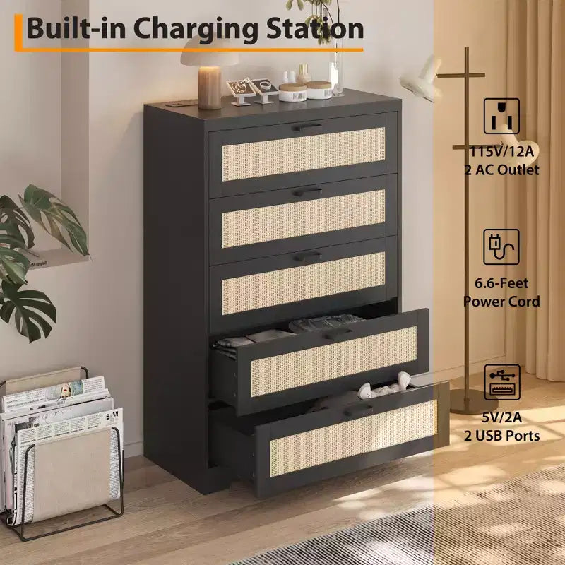 COZONY Tall 5-Drawer Rattan Dresser, Wooden Storage Chest with Wide Top for Bedroom Living Room Entryway