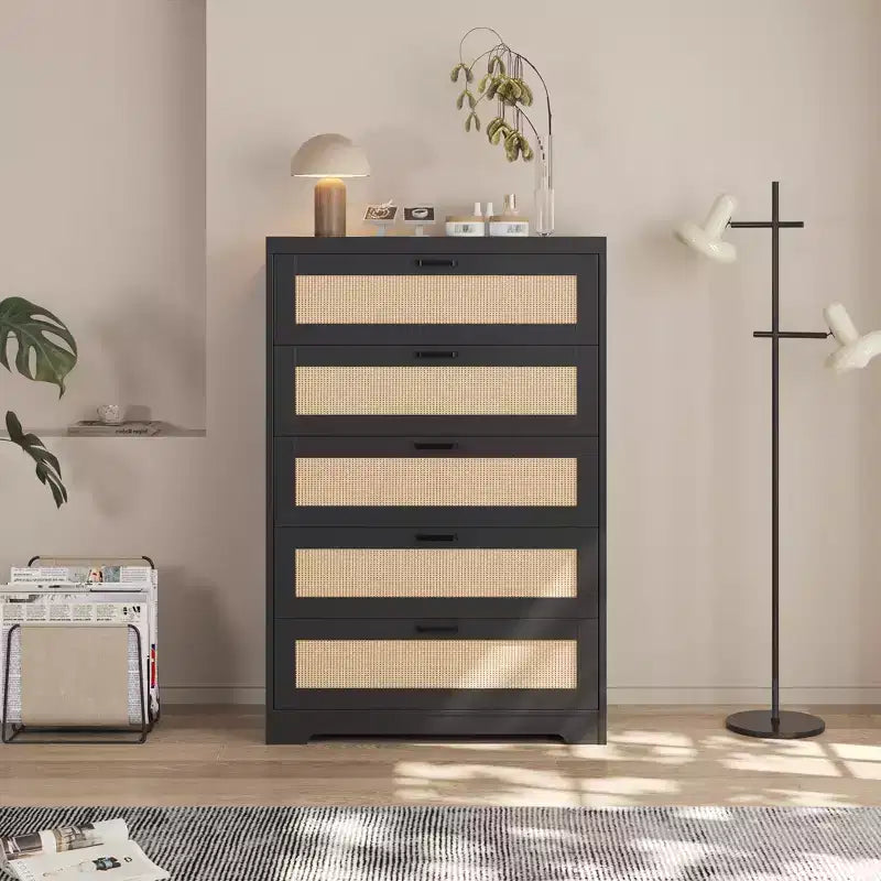COZONY Tall 5-Drawer Rattan Dresser, Wooden Storage Chest with Wide Top for Bedroom Living Room Entryway