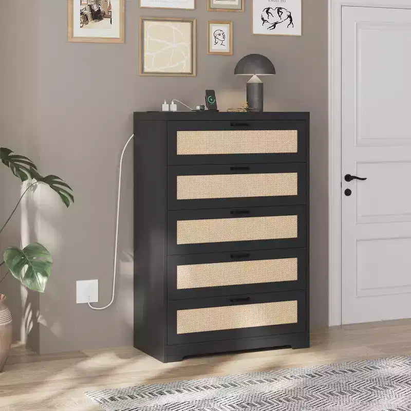 COZONY Tall 5-Drawer Rattan Dresser, Wooden Storage Chest with Wide Top for Bedroom Living Room Entryway