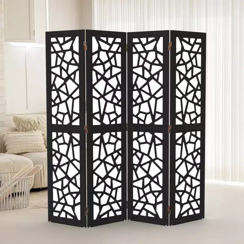 VINGLI 4 Panel Room Divider, Non-Woven Fabric Privacy Screen, Indoor Partition Wall Dividers, Freestanding Space Separator with Unique Pattern (Black)
