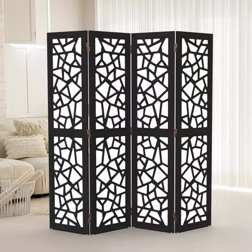 Séparateur de pièce à 4 panneaux, écran d'intimité en tissu non tissé, cloisons de séparation intérieures, séparateur d'espace autoportant avec motif unique (noir)