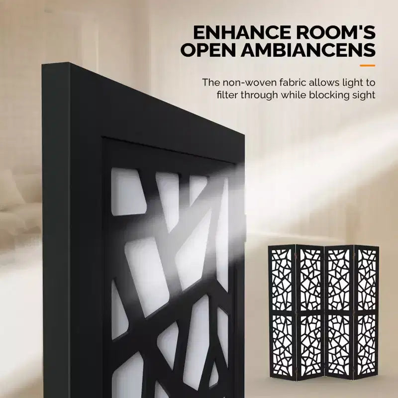 VINGLI 4 Panel Room Divider, Non-Woven Fabric Privacy Screen, Indoor Partition Wall Dividers, Freestanding Space Separator with Unique Pattern (Black)