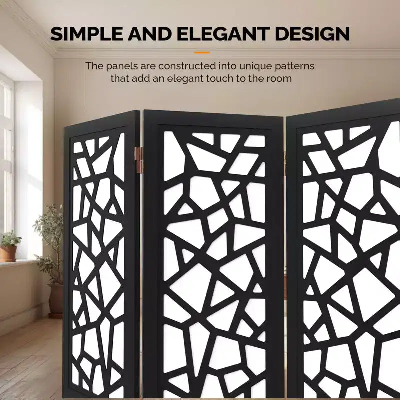 VINGLI 4 Panel Room Divider, Non-Woven Fabric Privacy Screen, Indoor Partition Wall Dividers, Freestanding Space Separator with Unique Pattern (Black)