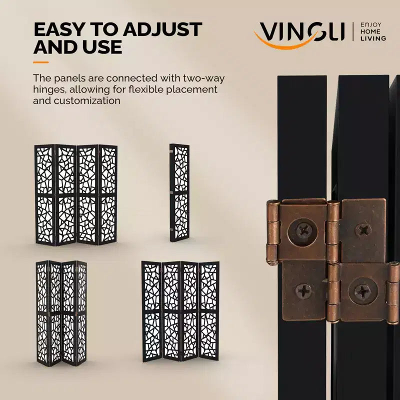 VINGLI 4 Panel Room Divider, Non-Woven Fabric Privacy Screen, Indoor Partition Wall Dividers, Freestanding Space Separator with Unique Pattern (Black)