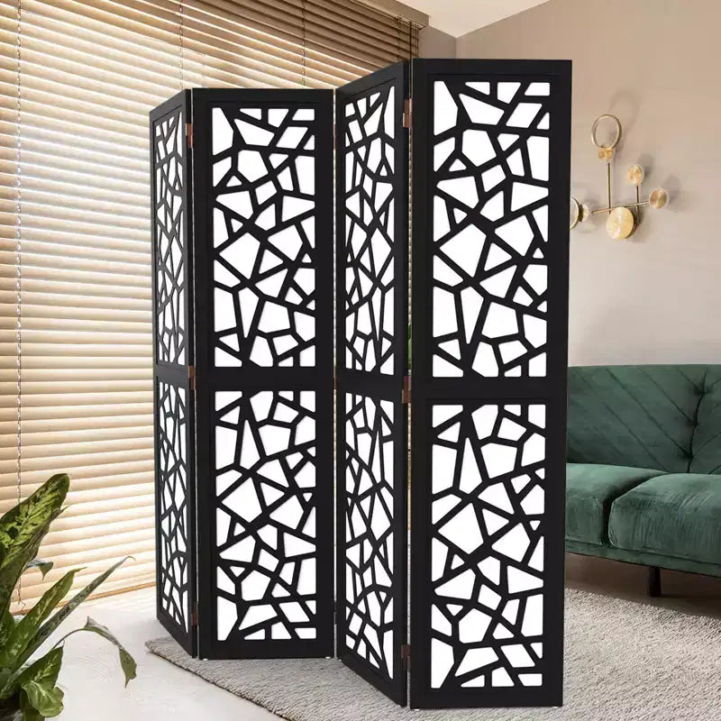 VINGLI 4 Panel Room Divider, Non-Woven Fabric Privacy Screen, Indoor Partition Wall Dividers, Freestanding Space Separator with Unique Pattern (Black)