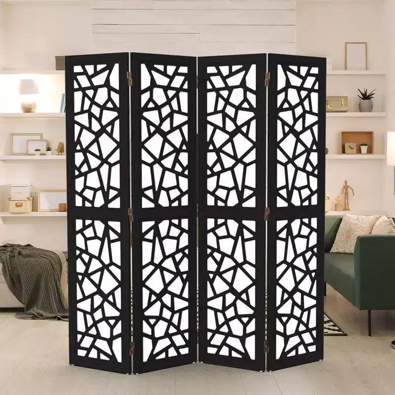 VINGLI 4 Panel Room Divider, Non-Woven Fabric Privacy Screen, Indoor Partition Wall Dividers, Freestanding Space Separator with Unique Pattern (Black)