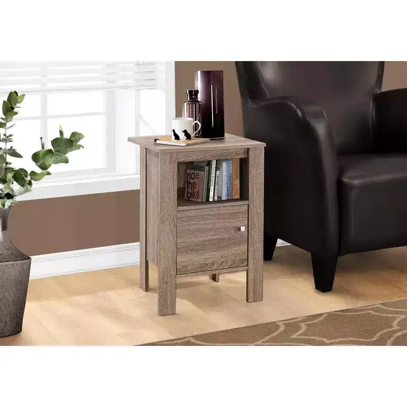 Okak Modern Small Side Table with Storage Shelf, End Table with Drawer and Metal Handle, Couch Table for Living Room, Bedroom