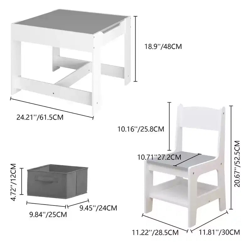 Whisen Kids Table and Chair Set, 3 in 1 Wooden Activity Table with Storage Drawer - White