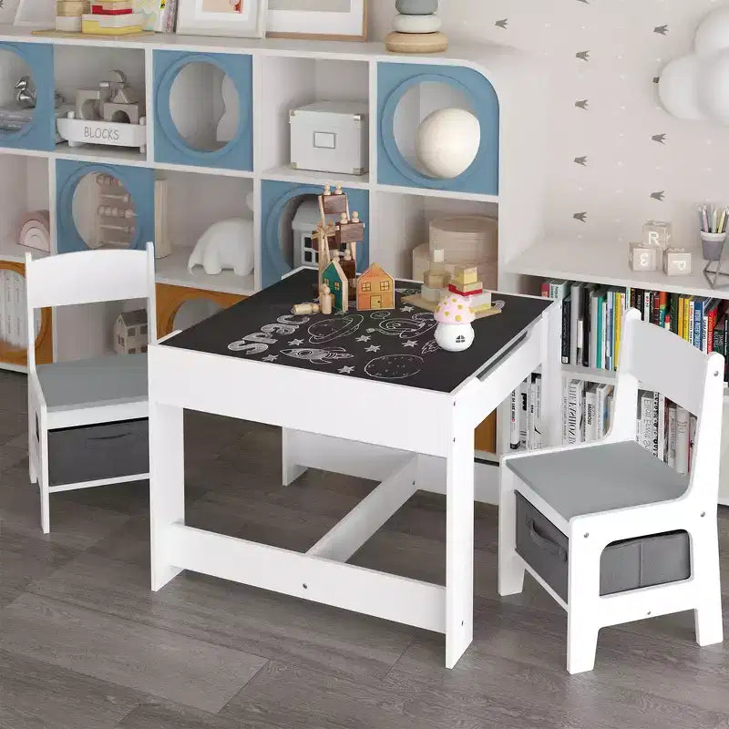 Whisen Kids Table and Chair Set, 3 in 1 Wooden Activity Table with Storage Drawer - White
