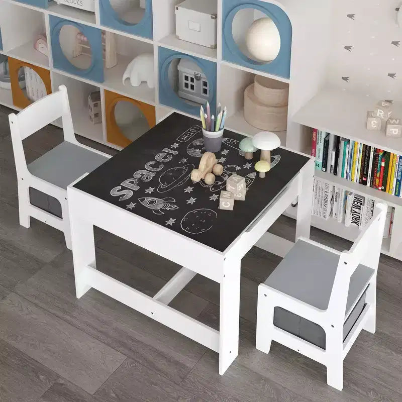 Whisen Kids Table and Chair Set, 3 in 1 Wooden Activity Table with Storage Drawer - White