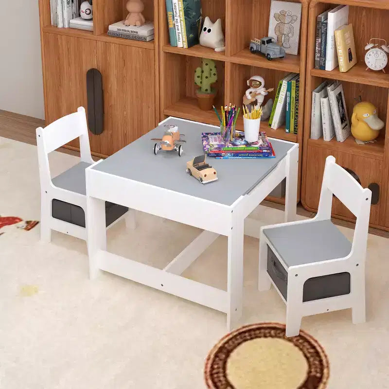 Whisen Kids Table and Chair Set, 3 in 1 Wooden Activity Table with Storage Drawer - White