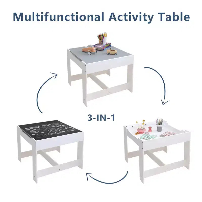 Whisen Kids Table and Chair Set, 3 in 1 Wooden Activity Table with Storage Drawer - White
