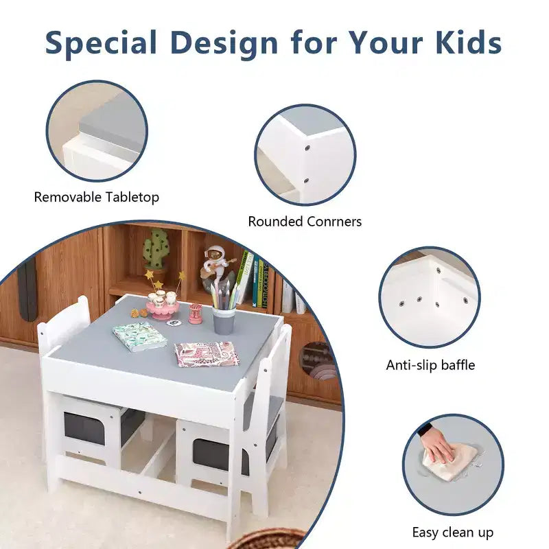Whisen Kids Table and Chair Set, 3 in 1 Wooden Activity Table with Storage Drawer - White