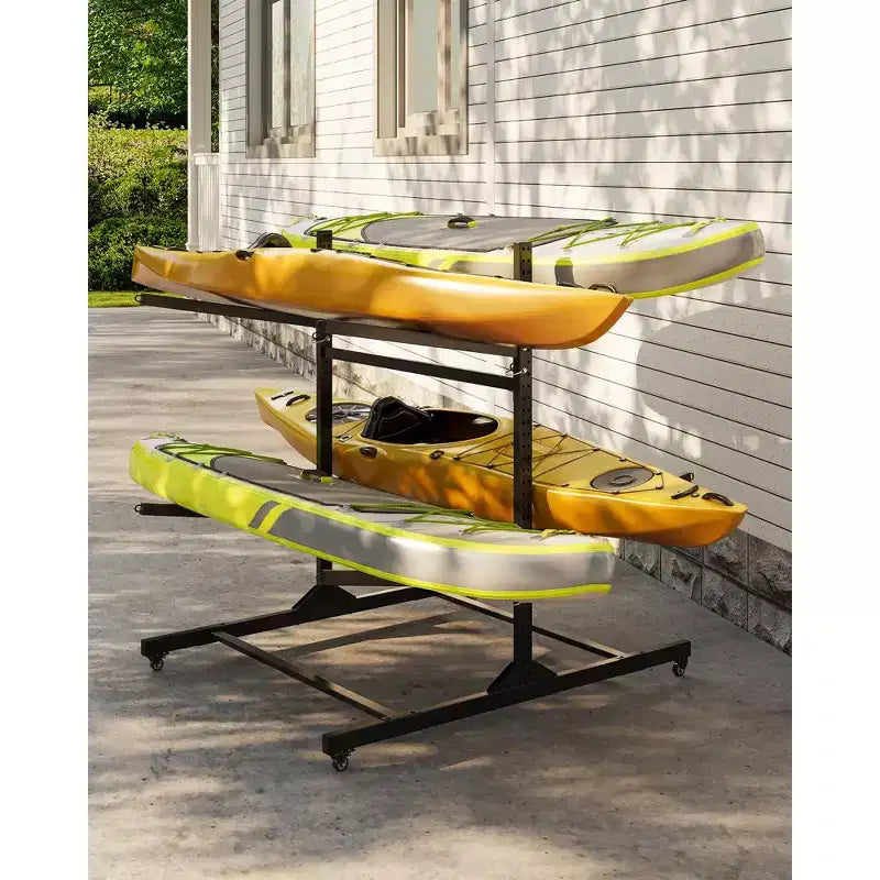 Black 4-Kayak Freestanding Storage Rack C Heavy-Duty Steel Kayak Hanger with Wheels & Straps for Outdoor/Indoor Use (Double-Sided, 1-Pack)