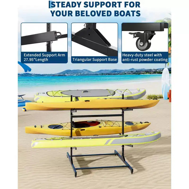 Black 4-Kayak Freestanding Storage Rack C Heavy-Duty Steel Kayak Hanger with Wheels & Straps for Outdoor/Indoor Use (Double-Sided, 1-Pack)
