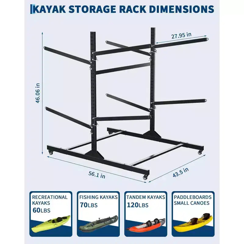 Black 4-Kayak Freestanding Storage Rack C Heavy-Duty Steel Kayak Hanger with Wheels & Straps for Outdoor/Indoor Use (Double-Sided, 1-Pack)