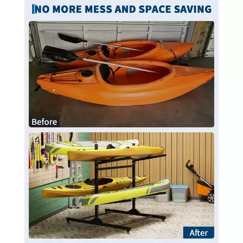 Black 4-Kayak Freestanding Storage Rack C Heavy-Duty Steel Kayak Hanger with Wheels & Straps for Outdoor/Indoor Use (Double-Sided, 1-Pack)