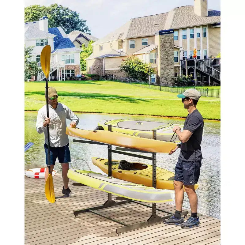 Black 4-Kayak Freestanding Storage Rack C Heavy-Duty Steel Kayak Hanger with Wheels & Straps for Outdoor/Indoor Use (Double-Sided, 1-Pack)