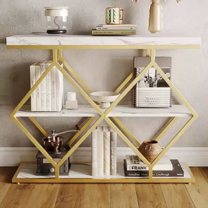 Industrial 3-Tier Entryway Table, Console Sofa Table with Open Shelves, X-Shaped Metal Frame, Foyer Accent Table for Entryway, Hallway