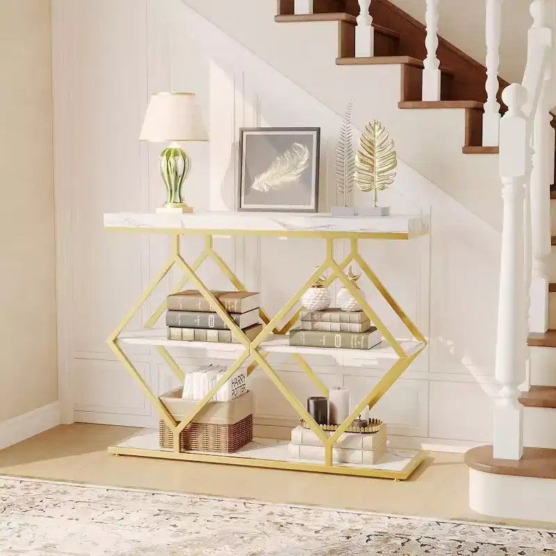 Industrial 3-Tier Entryway Table, Console Sofa Table with Open Shelves, X-Shaped Metal Frame, Foyer Accent Table for Entryway, Hallway