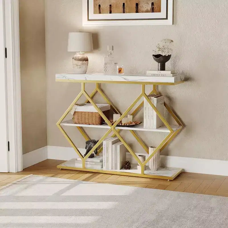 Industrial 3-Tier Entryway Table, Console Sofa Table with Open Shelves, X-Shaped Metal Frame, Foyer Accent Table for Entryway, Hallway