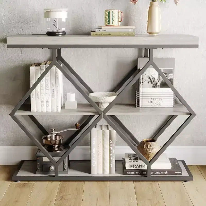 Industrial 3-Tier Entryway Table, Console Sofa Table with Open Shelves, X-Shaped Metal Frame, Foyer Accent Table for Entryway, Hallway