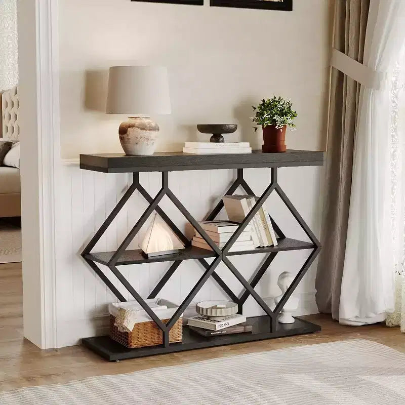Industrial 3-Tier Entryway Table, Console Sofa Table with Open Shelves, X-Shaped Metal Frame, Foyer Accent Table for Entryway, Hallway