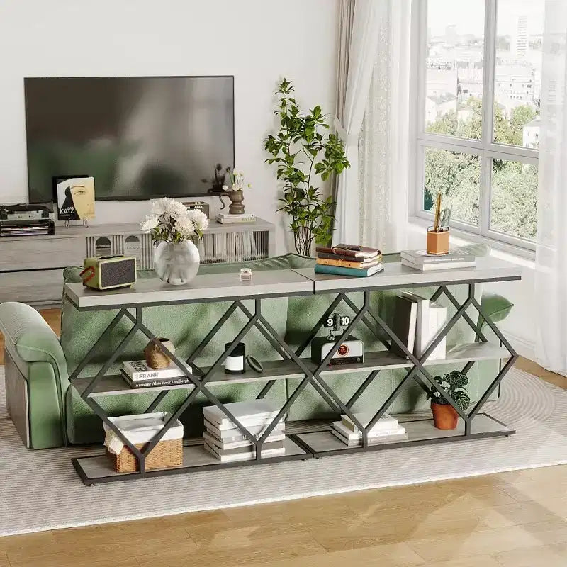 Industrial 3-Tier Entryway Table, Console Sofa Table with Open Shelves, X-Shaped Metal Frame, Foyer Accent Table for Entryway, Hallway