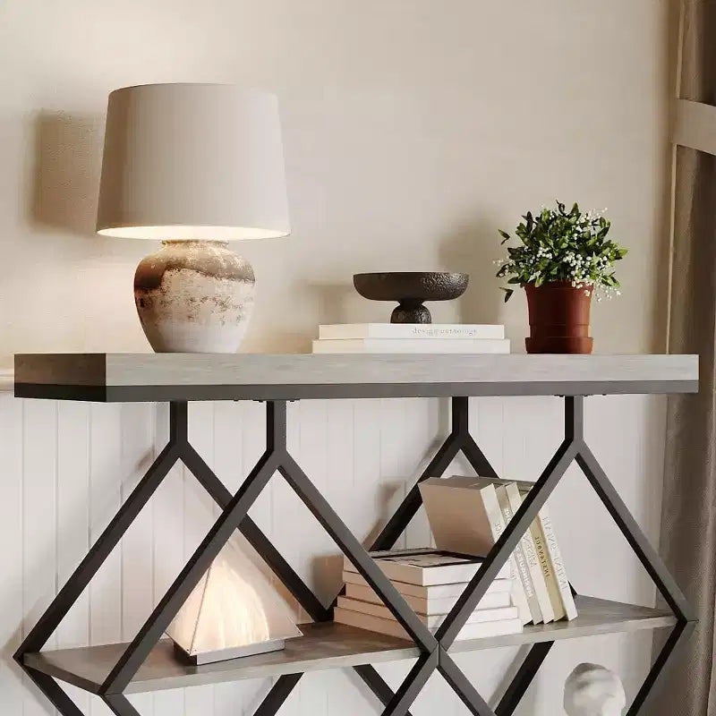 Industrial 3-Tier Entryway Table, Console Sofa Table with Open Shelves, X-Shaped Metal Frame, Foyer Accent Table for Entryway, Hallway