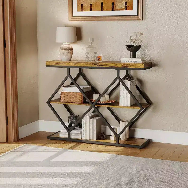 Industrial 3-Tier Entryway Table, Console Sofa Table with Open Shelves, X-Shaped Metal Frame, Foyer Accent Table for Entryway, Hallway