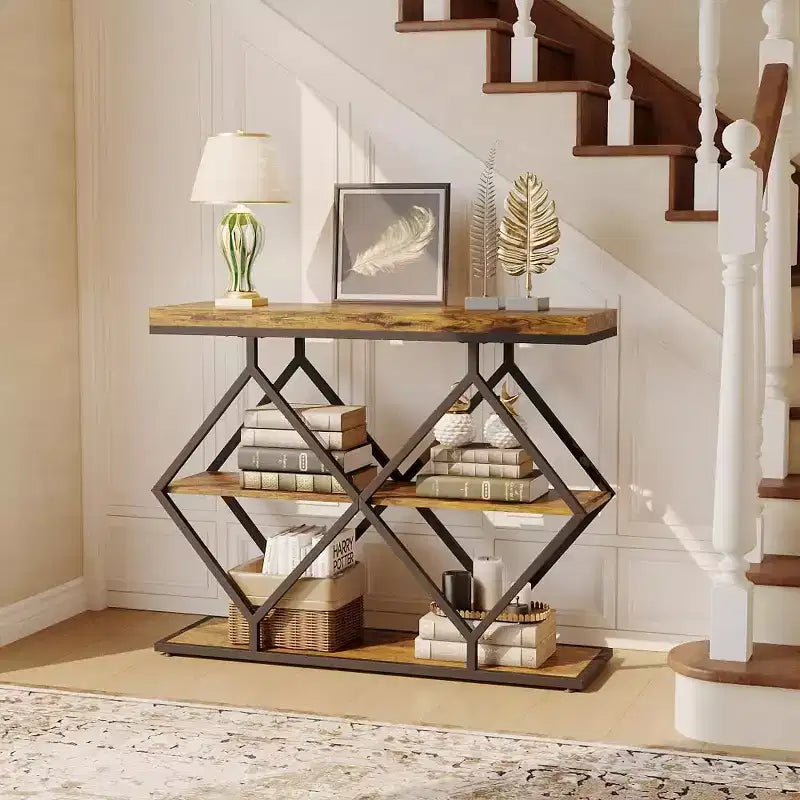 Industrial 3-Tier Entryway Table, Console Sofa Table with Open Shelves, X-Shaped Metal Frame, Foyer Accent Table for Entryway, Hallway