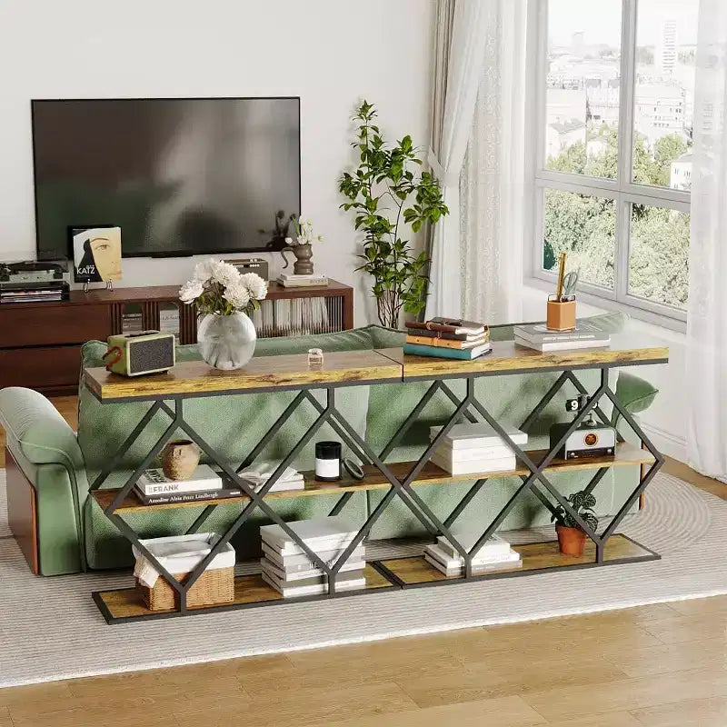 Industrial 3-Tier Entryway Table, Console Sofa Table with Open Shelves, X-Shaped Metal Frame, Foyer Accent Table for Entryway, Hallway