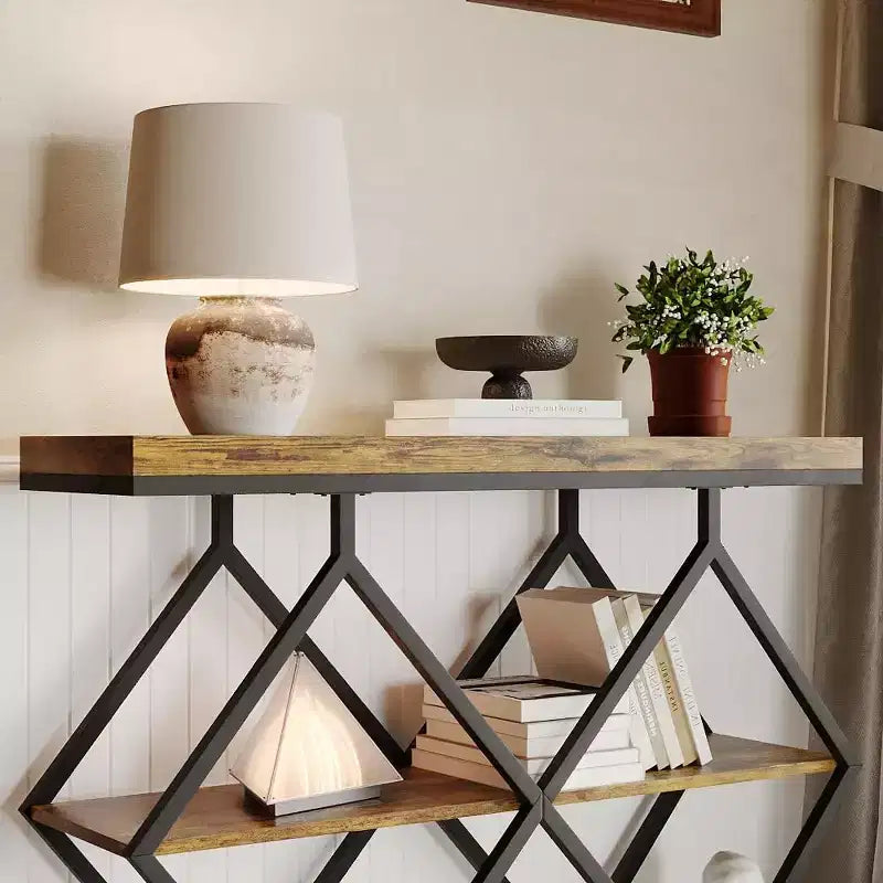 Industrial 3-Tier Entryway Table, Console Sofa Table with Open Shelves, X-Shaped Metal Frame, Foyer Accent Table for Entryway, Hallway