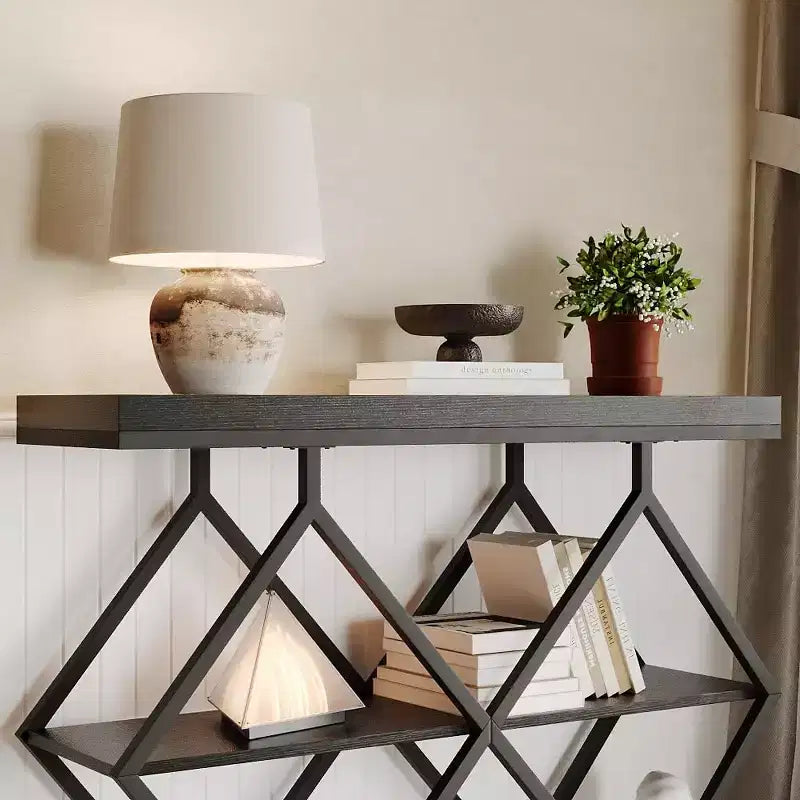 Industrial 3-Tier Entryway Table, Console Sofa Table with Open Shelves, X-Shaped Metal Frame, Foyer Accent Table for Entryway, Hallway