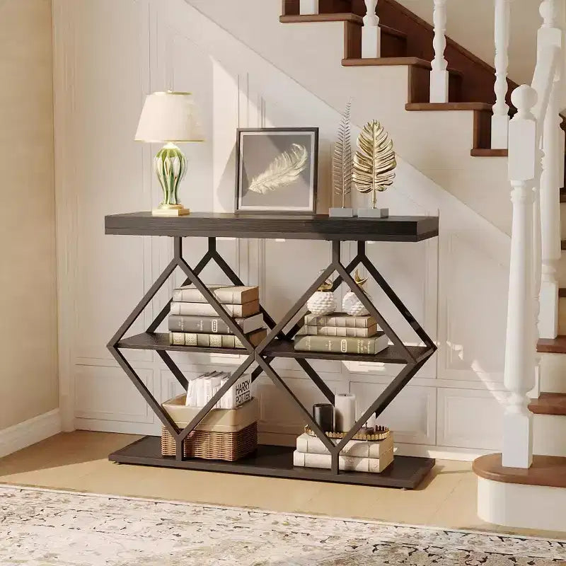 Industrial 3-Tier Entryway Table, Console Sofa Table with Open Shelves, X-Shaped Metal Frame, Foyer Accent Table for Entryway, Hallway