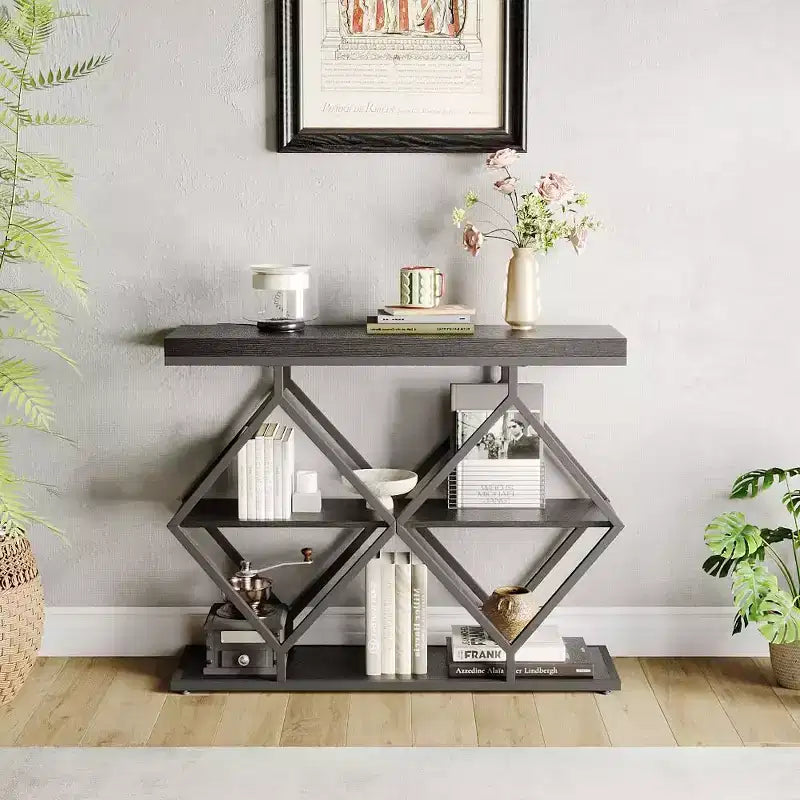 Industrial 3-Tier Entryway Table, Console Sofa Table with Open Shelves, X-Shaped Metal Frame, Foyer Accent Table for Entryway, Hallway
