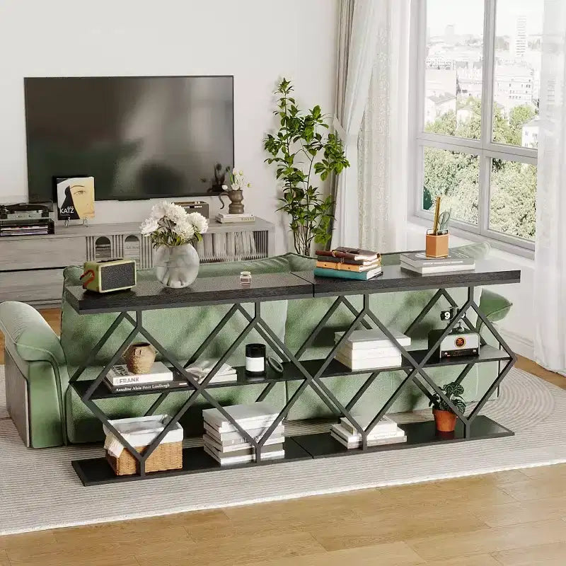 Industrial 3-Tier Entryway Table, Console Sofa Table with Open Shelves, X-Shaped Metal Frame, Foyer Accent Table for Entryway, Hallway