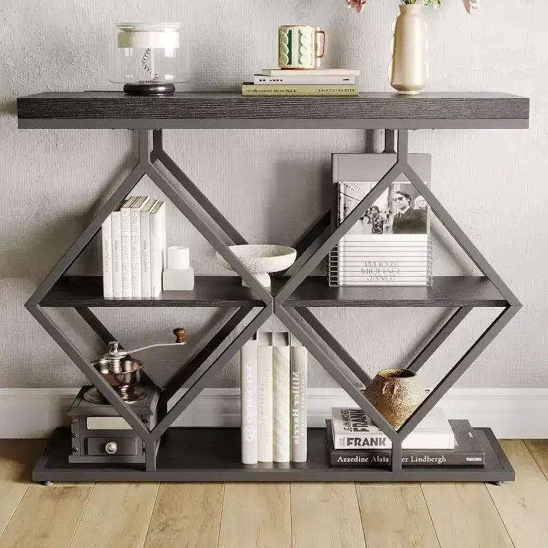 Industrial 3-Tier Entryway Table, Console Sofa Table with Open Shelves, X-Shaped Metal Frame, Foyer Accent Table for Entryway, Hallway