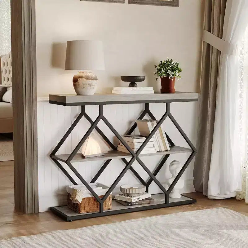 Industrial 3-Tier Entryway Table, Console Sofa Table with Open Shelves, X-Shaped Metal Frame, Foyer Accent Table for Entryway, Hallway