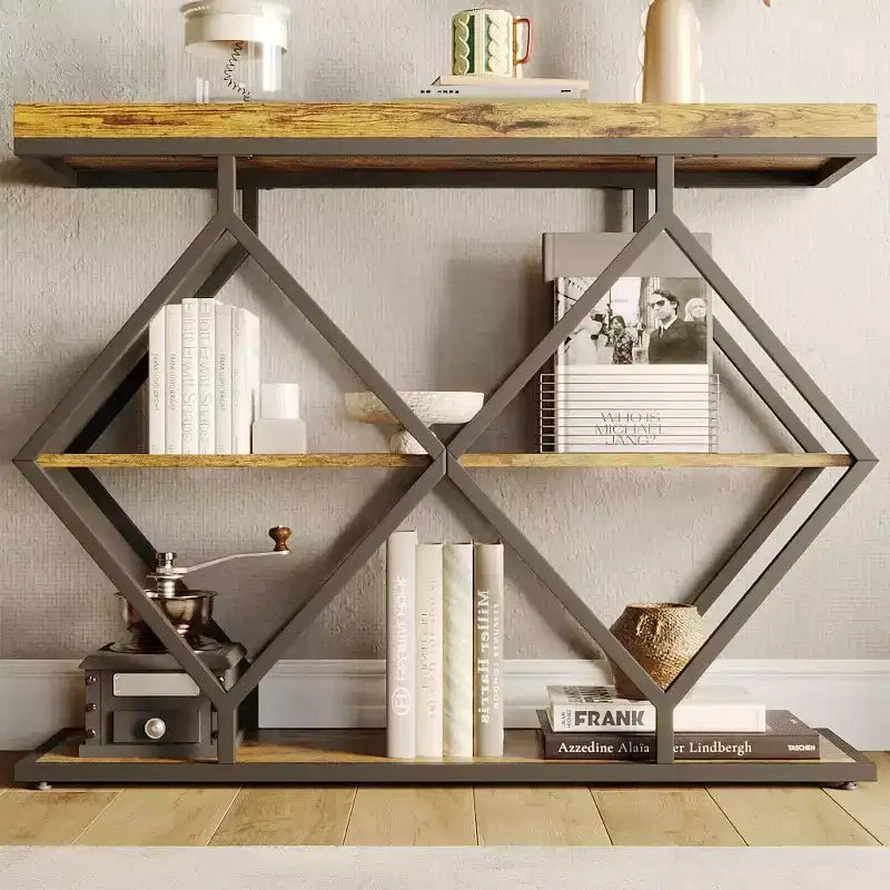 Industrial 3-Tier Entryway Table, Console Sofa Table with Open Shelves, X-Shaped Metal Frame, Foyer Accent Table for Entryway, Hallway
