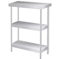Stainless steel coffee table, three-tier metal preparation counter with two lower shelves and gloves, suitable for various work locations.