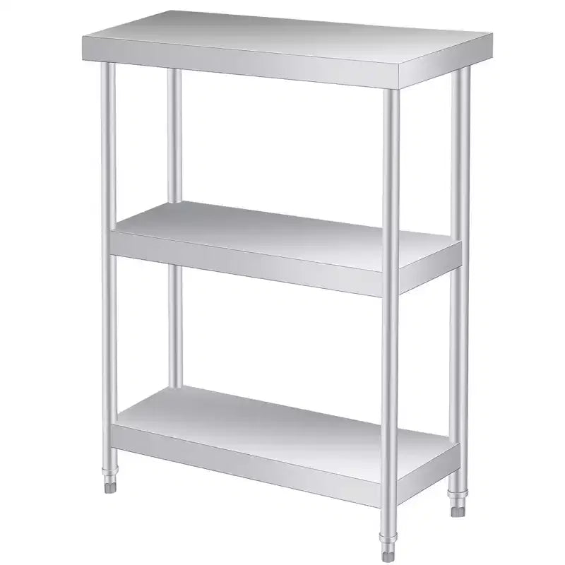 Stainless steel coffee table, three-tier metal preparation counter with two lower shelves and gloves, suitable for various work locations.
