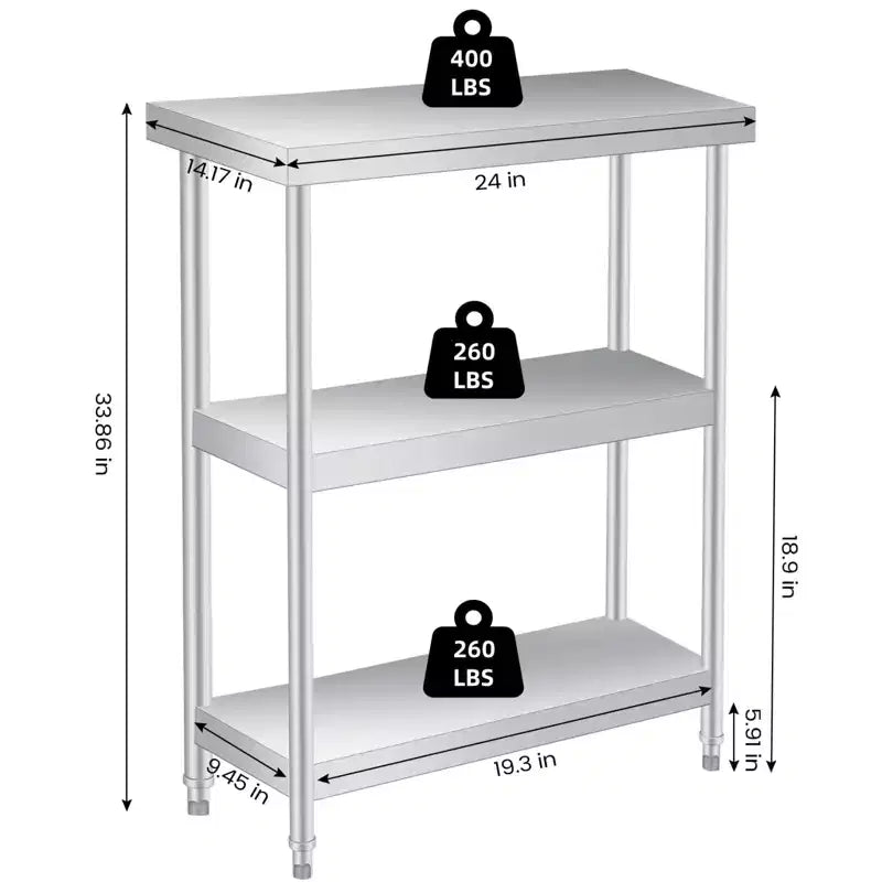 Stainless steel coffee table, three-tier metal preparation counter with two lower shelves and gloves, suitable for various work locations.