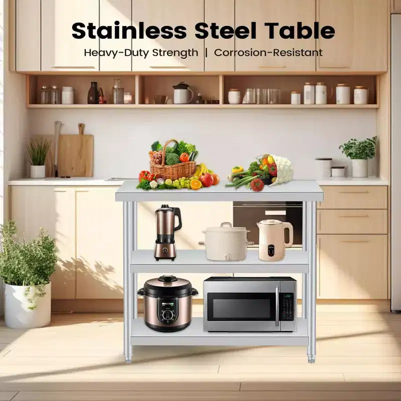 Stainless steel coffee table, three-tier metal preparation counter with two lower shelves and gloves, suitable for various work locations.