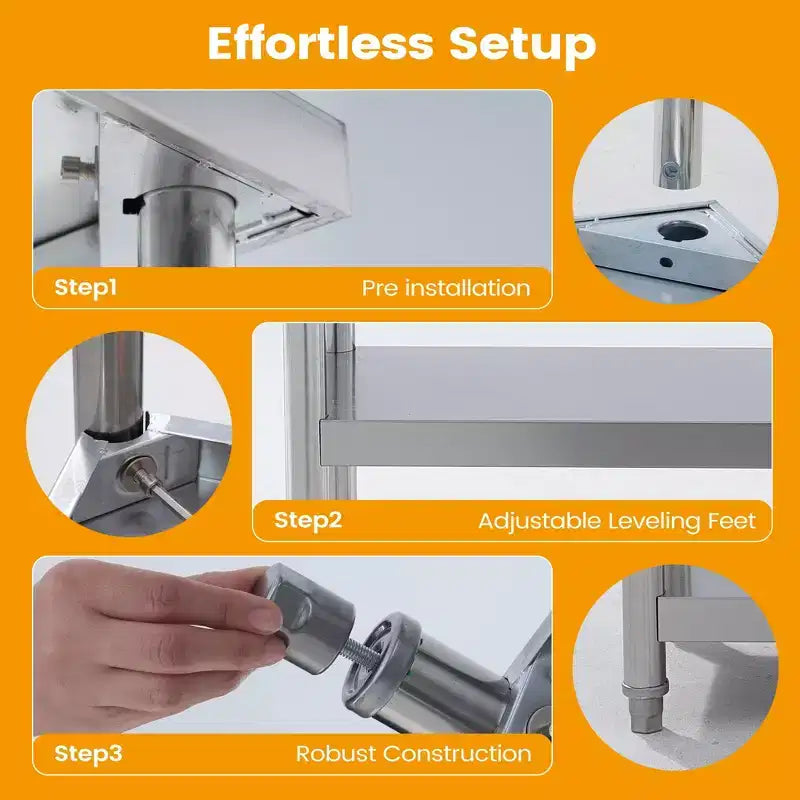 Stainless steel coffee table, three-tier metal preparation counter with two lower shelves and gloves, suitable for various work locations.