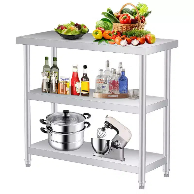 Stainless steel coffee table, three-tier metal preparation counter with two lower shelves and gloves, suitable for various work locations.