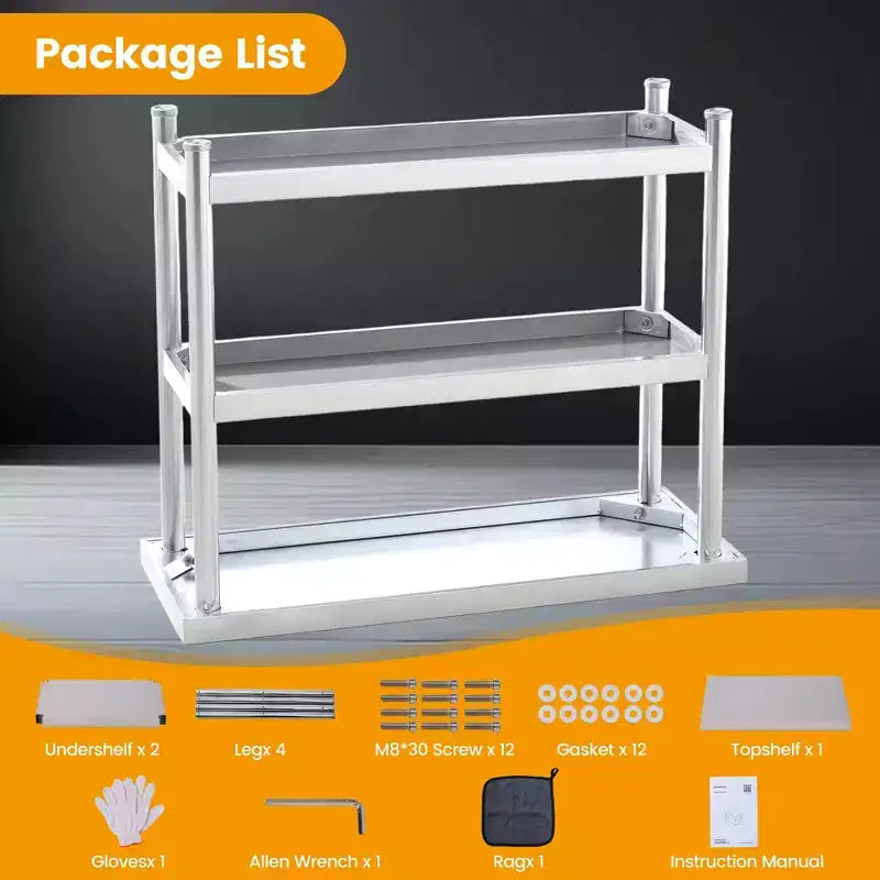 Stainless steel coffee table, three-tier metal preparation counter with two lower shelves and gloves, suitable for various work locations.